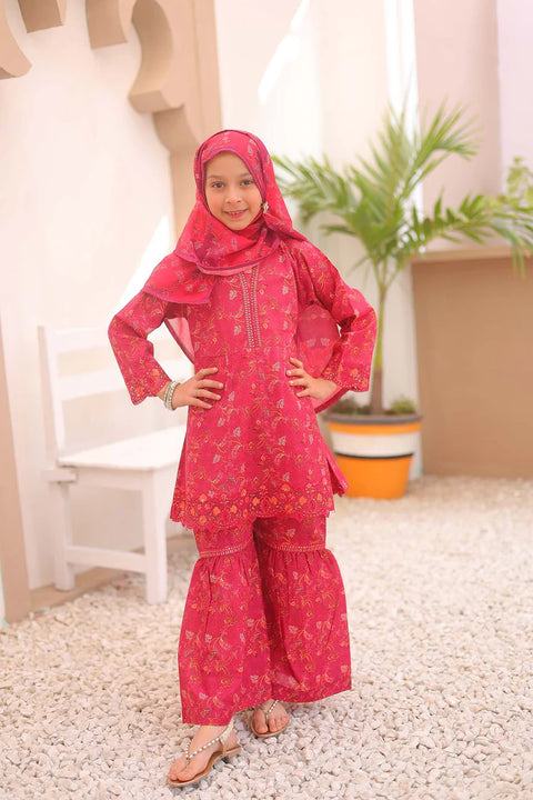 ST 3pcs Lawn Red Gharara