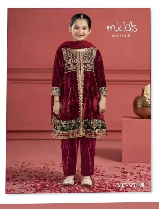 Maroon Festive  3 pcs Embroidered Frock With Tight Trousers